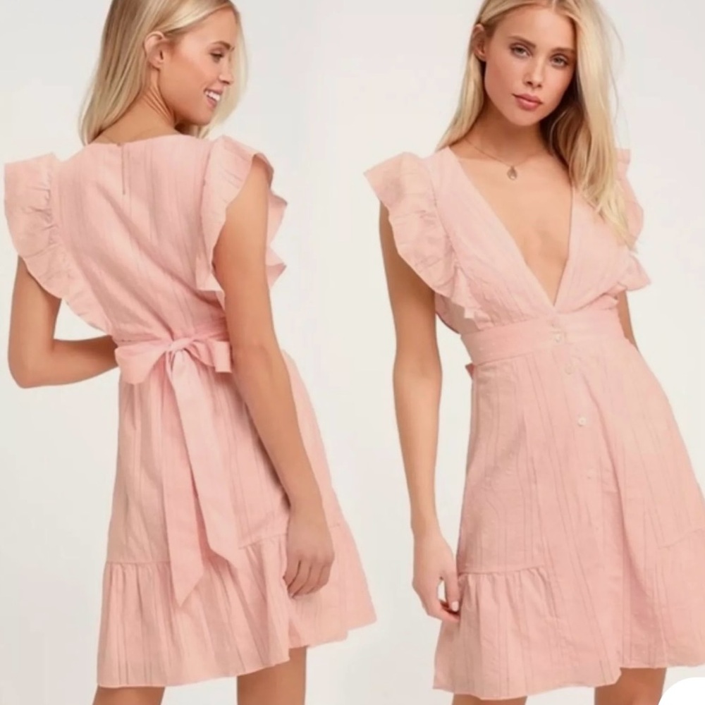 Lulu's Daydreaming Of You Pink Swiss Dot‎ Button-Front Mini Dress Small